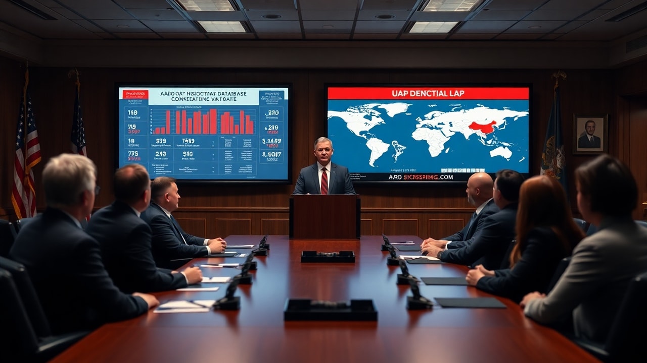 Cinematic archive imagery for AARO Historical Record Disclosure 2023 — intelligence record illustration