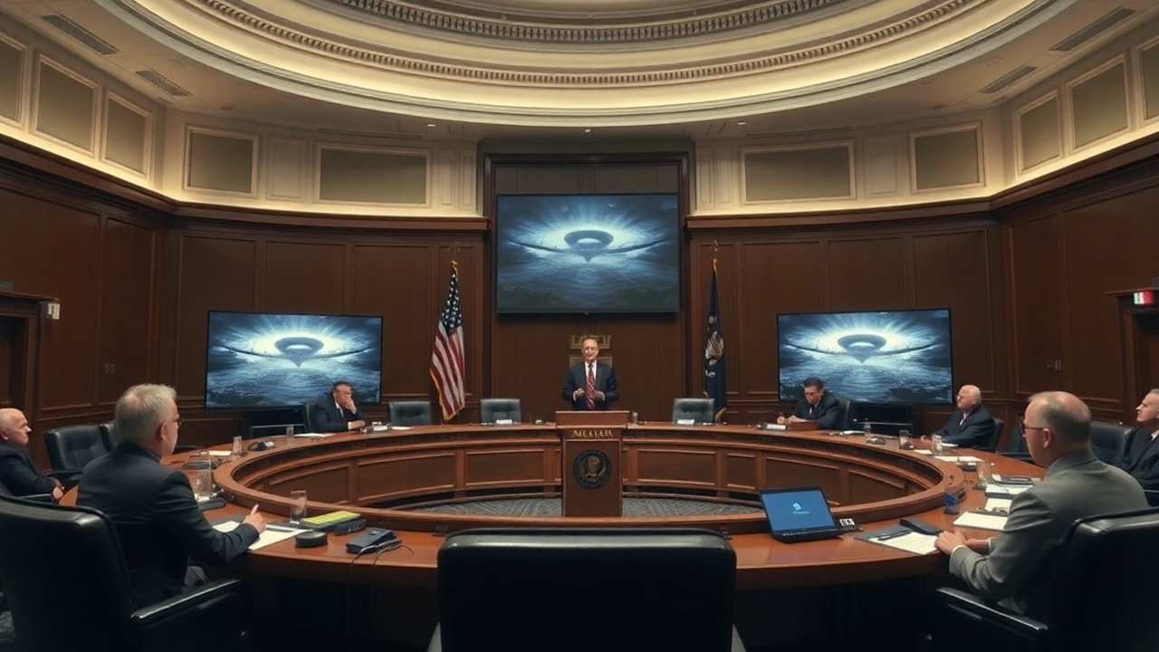 Cinematic archive imagery for AARO First Historical Record Report — Volume I to Congress — intelligence record illustration