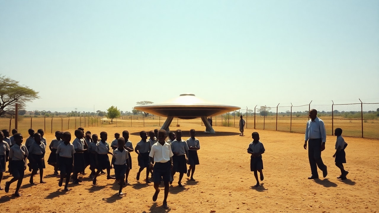 Cinematic archive imagery for Ariel School, Zimbabwe — 62 Children Witness Landing — intelligence record illustration