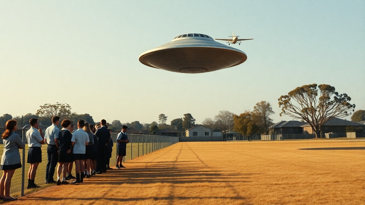 Cinematic archive imagery for Australia Westall School Mass Sighting 1966 — intelligence record illustration