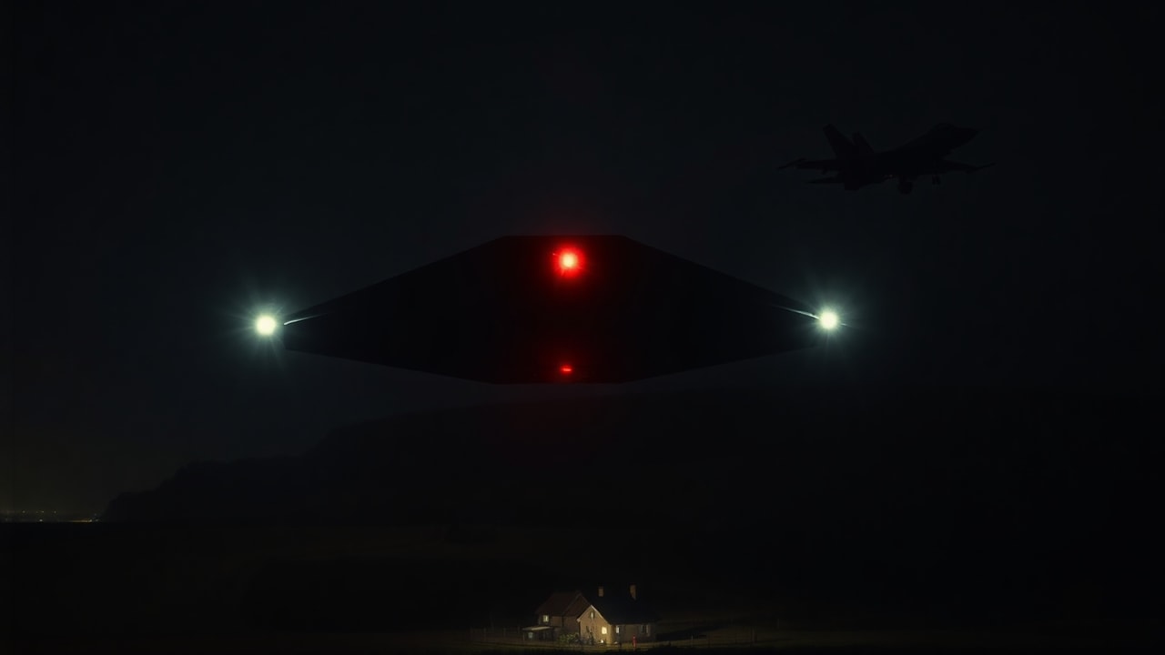 Cinematic archive imagery for Belgian UFO Wave — NATO F-16 Pursuit — intelligence record illustration