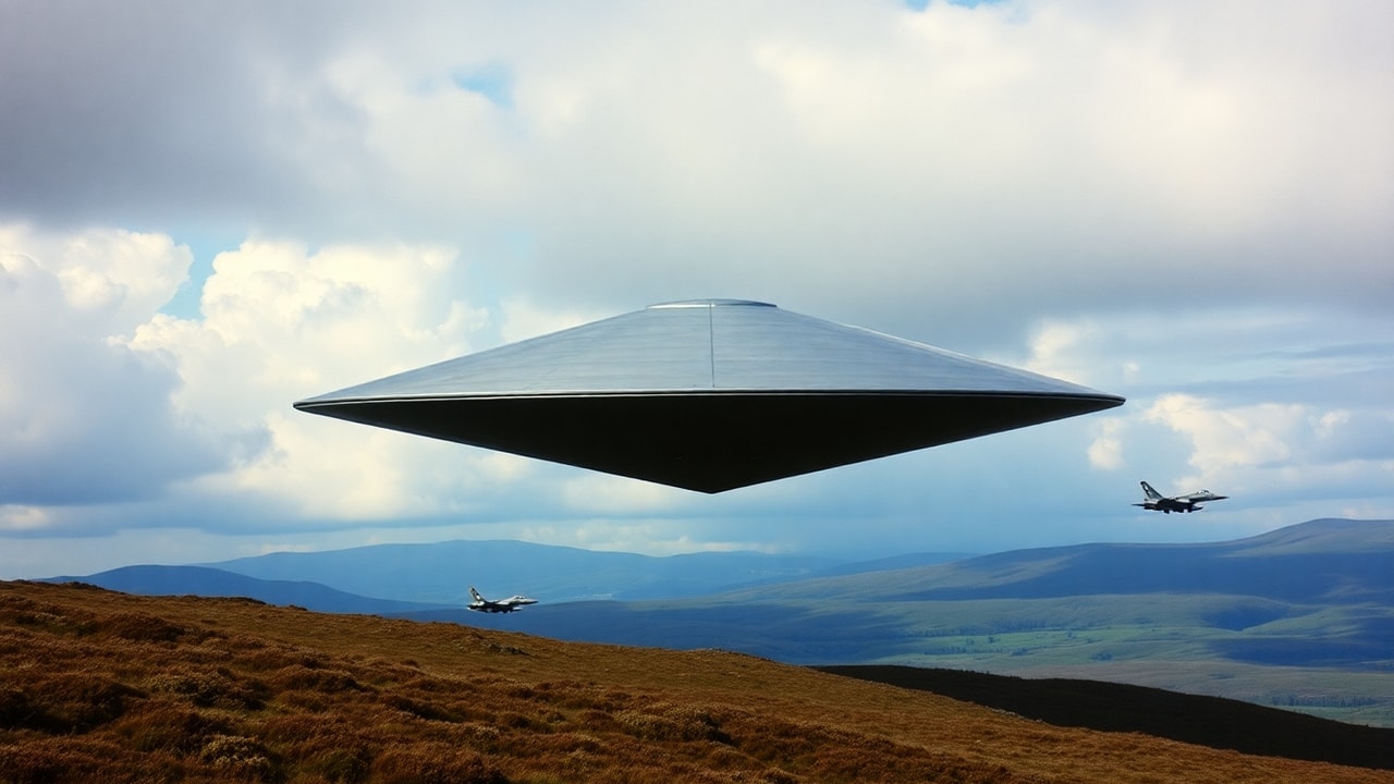 Cinematic archive imagery for Calvine UAP Photograph — UK Ministry of Defence — intelligence record illustration