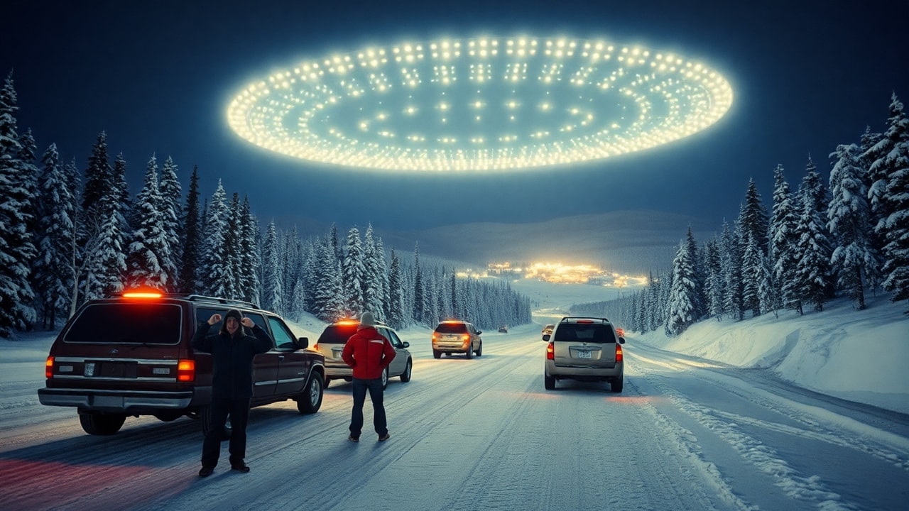 Cinematic archive imagery for Yukon Territory Mass Sighting 1996 — intelligence record illustration