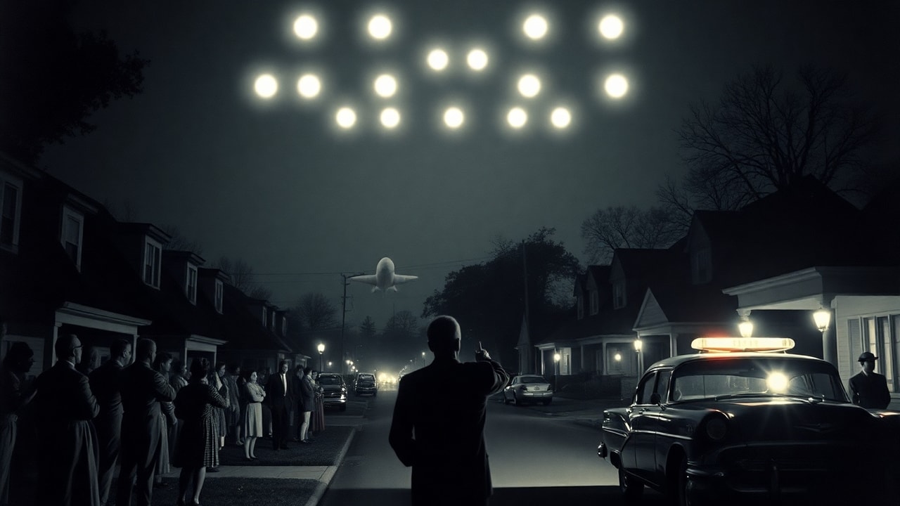 Cinematic archive imagery for Cuyahoga Falls Ohio Mass Sighting 1952 — intelligence record illustration