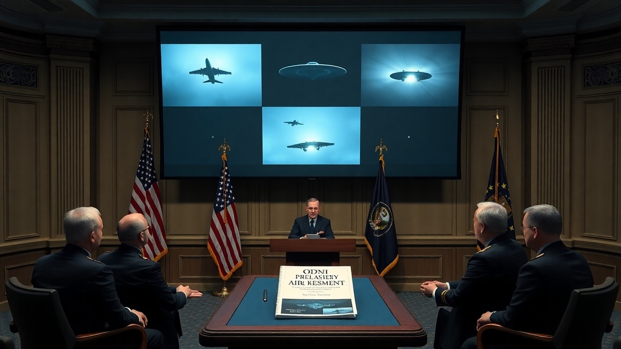 Cinematic archive imagery for Pentagon UAP Task Force — Preliminary Assessment to Congress — intelligence record illustration
