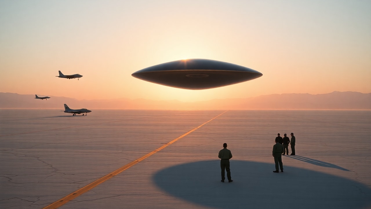 Cinematic archive imagery for Edwards AFB — Test Pilots and Tower Report Disc — intelligence record illustration