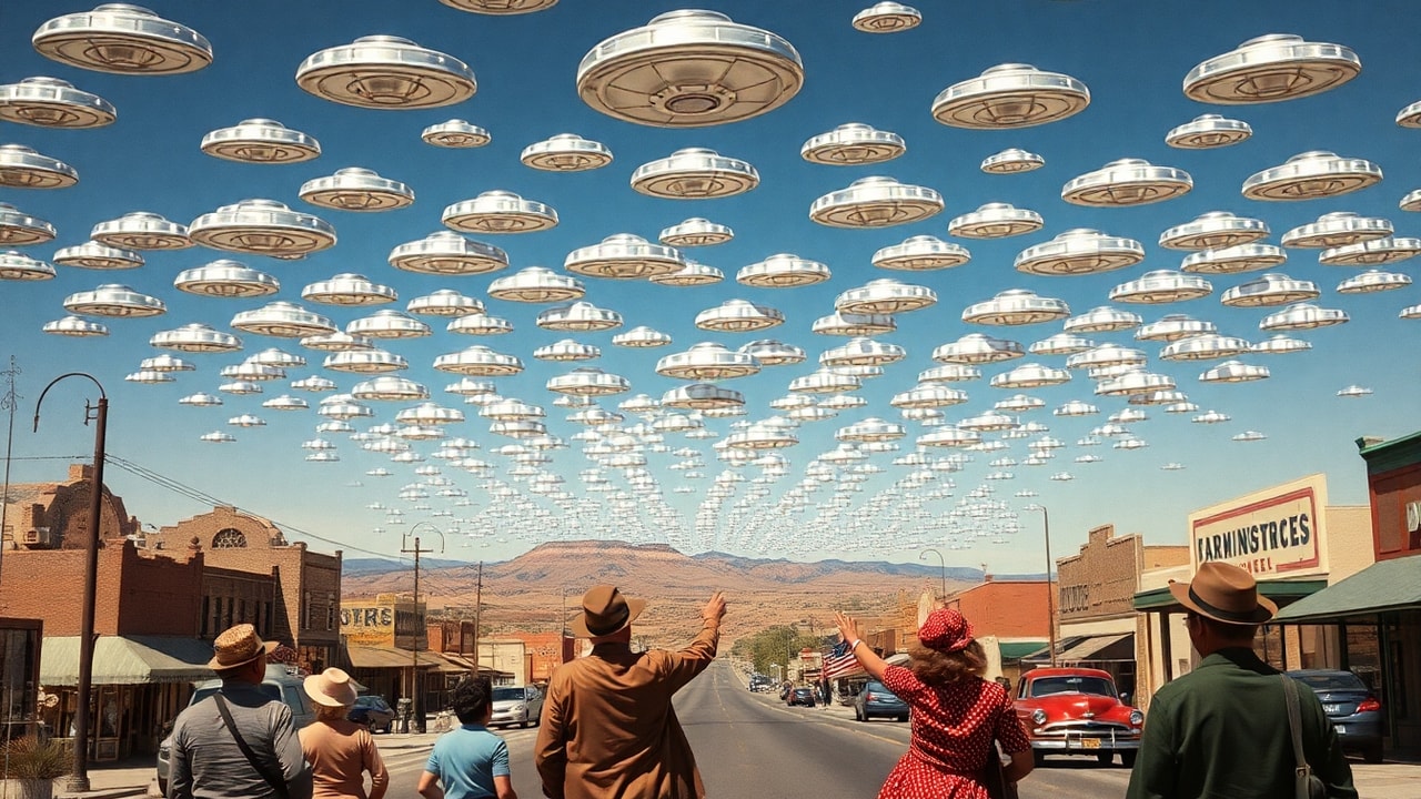 Cinematic archive imagery for Farmington New Mexico — Fleet of 500 Discs — intelligence record illustration