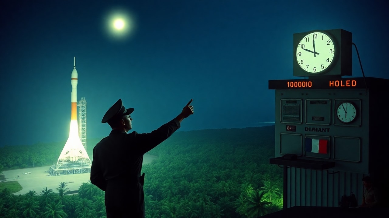 Cinematic archive imagery for French Guiana Space Center UAP 1967 — intelligence record illustration