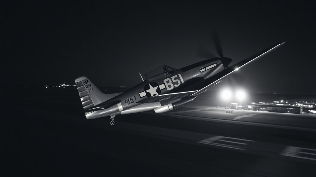Cinematic archive imagery for Gorman Dogfight — USAF F-51 Pilot, Fargo — intelligence record illustration