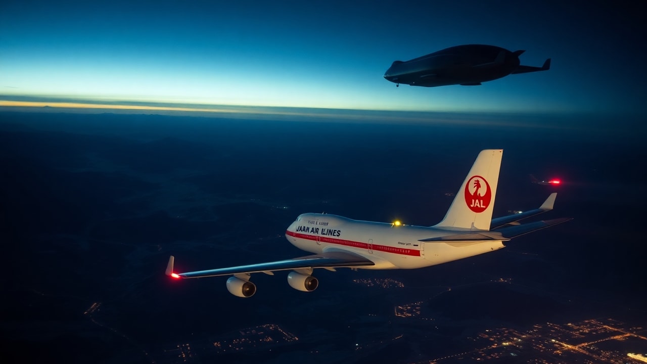 Cinematic archive imagery for Japan Air Lines 1628 Pacific UFO Encounter 1986 — intelligence record illustration