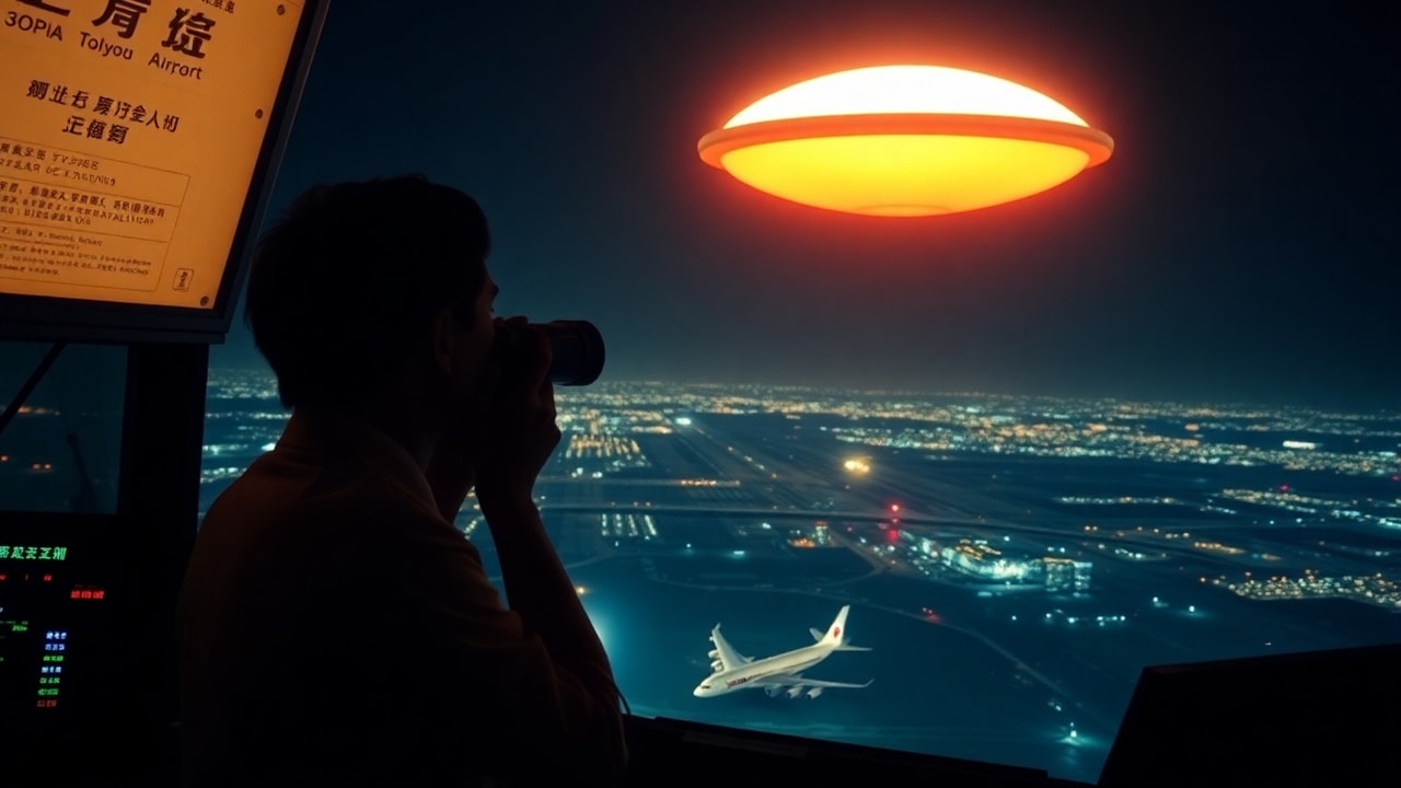 Cinematic archive imagery for Tokyo Airport Tower Sighting 1986 — intelligence record illustration