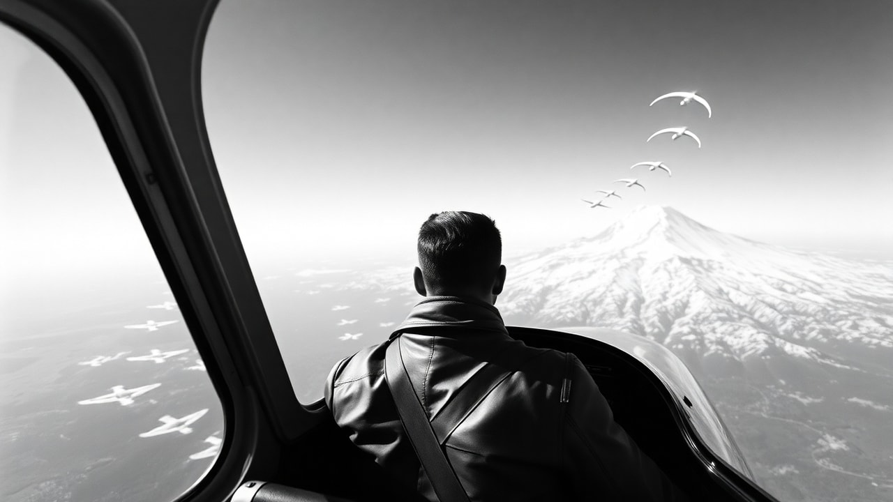 Cinematic archive imagery for Kenneth Arnold Flying Saucer Formation — intelligence record illustration