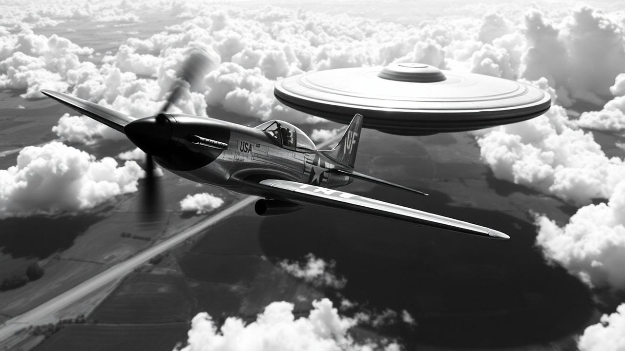 Cinematic archive imagery for Mantell F-51 Pursuit — Pilot KIA — intelligence record illustration