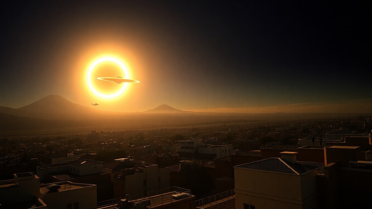 Cinematic archive imagery for Mexico City Solar Eclipse Mass UAP Sighting 1991 — intelligence record illustration