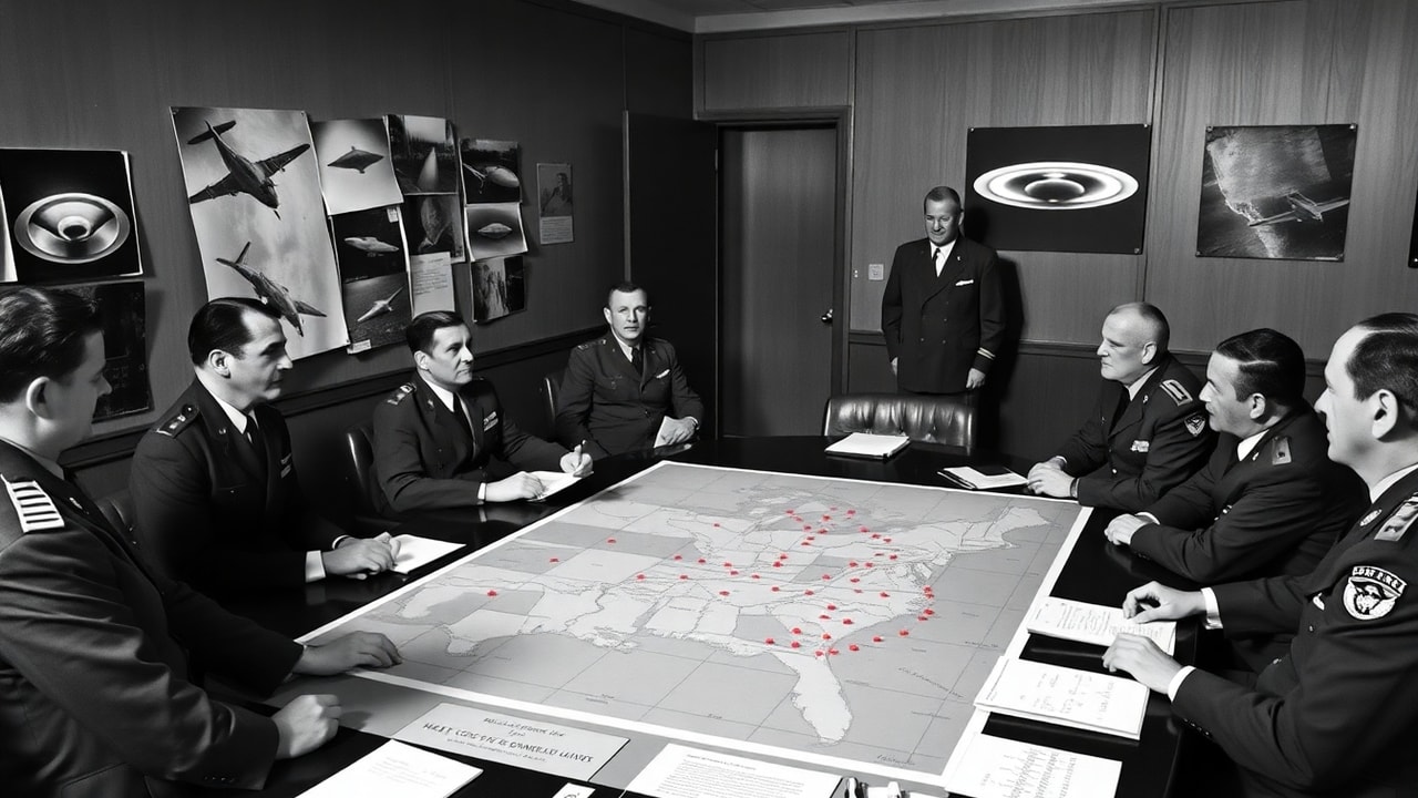 Cinematic archive imagery for Wright-Patterson Disc Overflight 1949 — intelligence record illustration