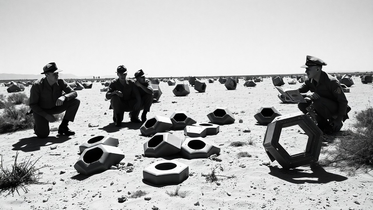 Cinematic archive imagery for Roswell Hexagonal Disc Recovery — intelligence record illustration