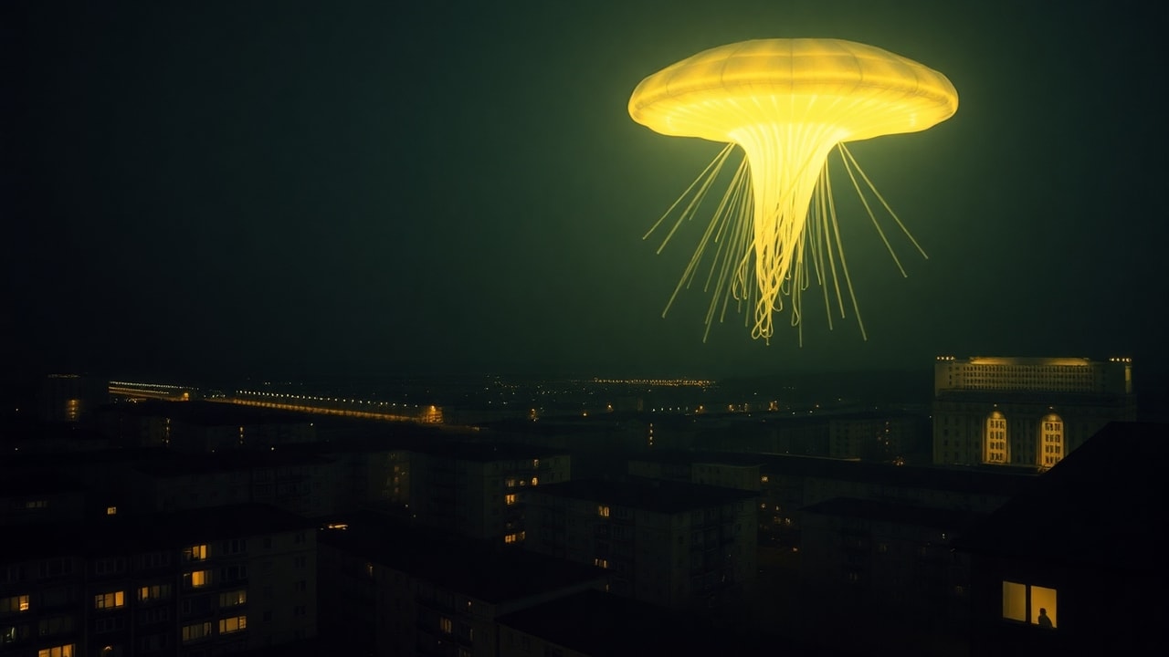 Cinematic archive imagery for Soviet Petrozavodsk Jellyfish Phenomenon 1977 — intelligence record illustration