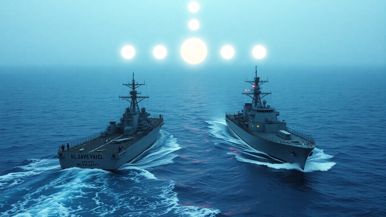 Cinematic archive imagery for South Atlantic Fleet Exercise UAP 1977 — intelligence record illustration