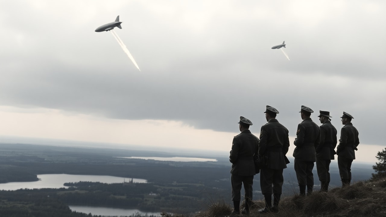 Cinematic archive imagery for Swedish Ghost Rocket Wave 1946 — intelligence record illustration