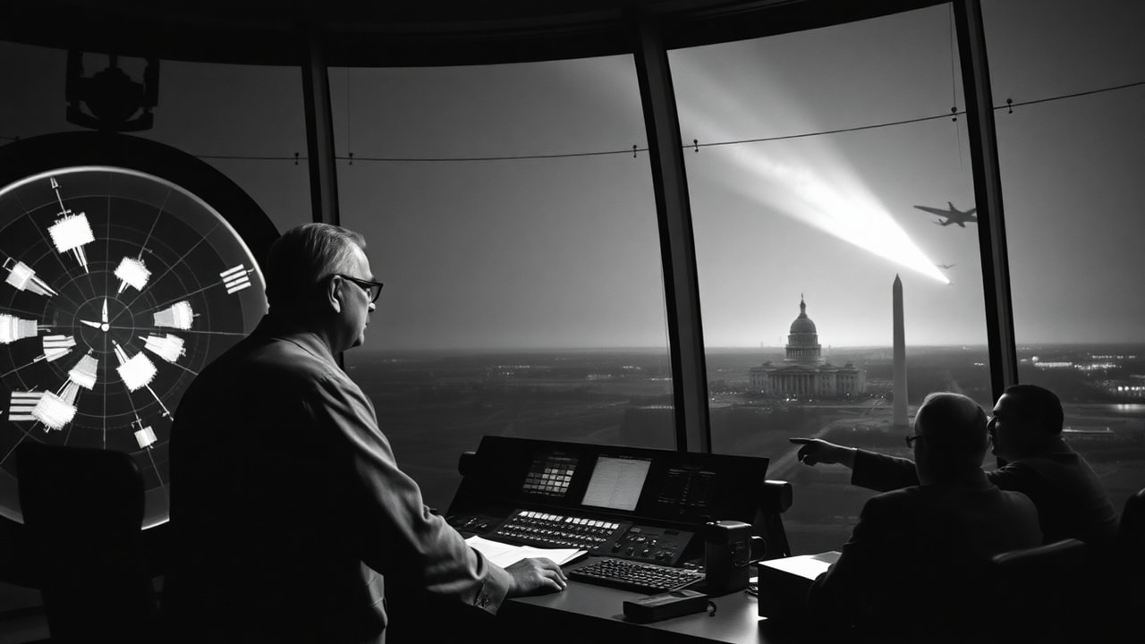 Cinematic archive imagery for Washington National Airport Radar-Visual July 1952 — intelligence record illustration