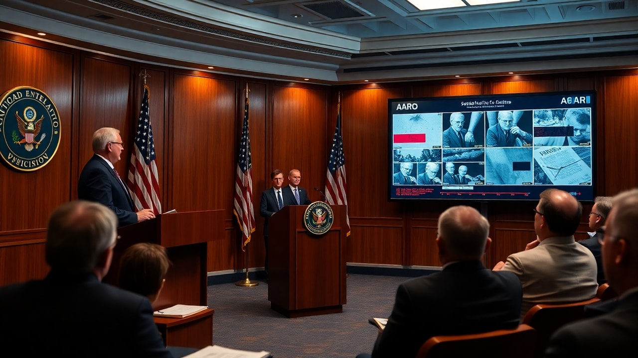 Cinematic archive imagery for AARO Historical Record — First Congressional Report 2023 — intelligence record illustration