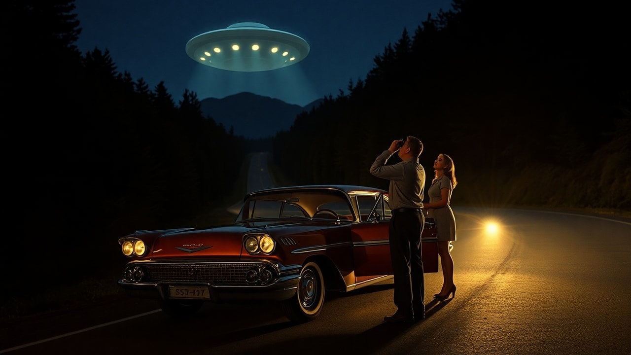 Cinematic archive imagery for Betty and Barney Hill Abduction — New Hampshire 1961 — intelligence record illustration