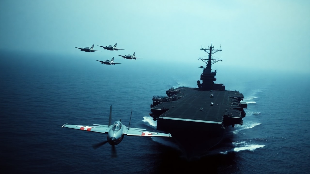 Cinematic archive imagery for USS Wasp Fighter Wave 1952 — intelligence record illustration