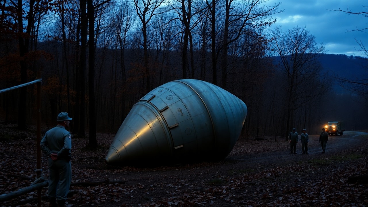 Cinematic archive imagery for Kecksburg Incident — Acorn-Shaped Craft Recovery 1965 — intelligence record illustration