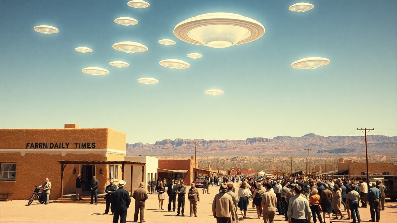 Cinematic archive imagery for Farmington New Mexico — 500 Witnesses Armada 1950 — intelligence record illustration