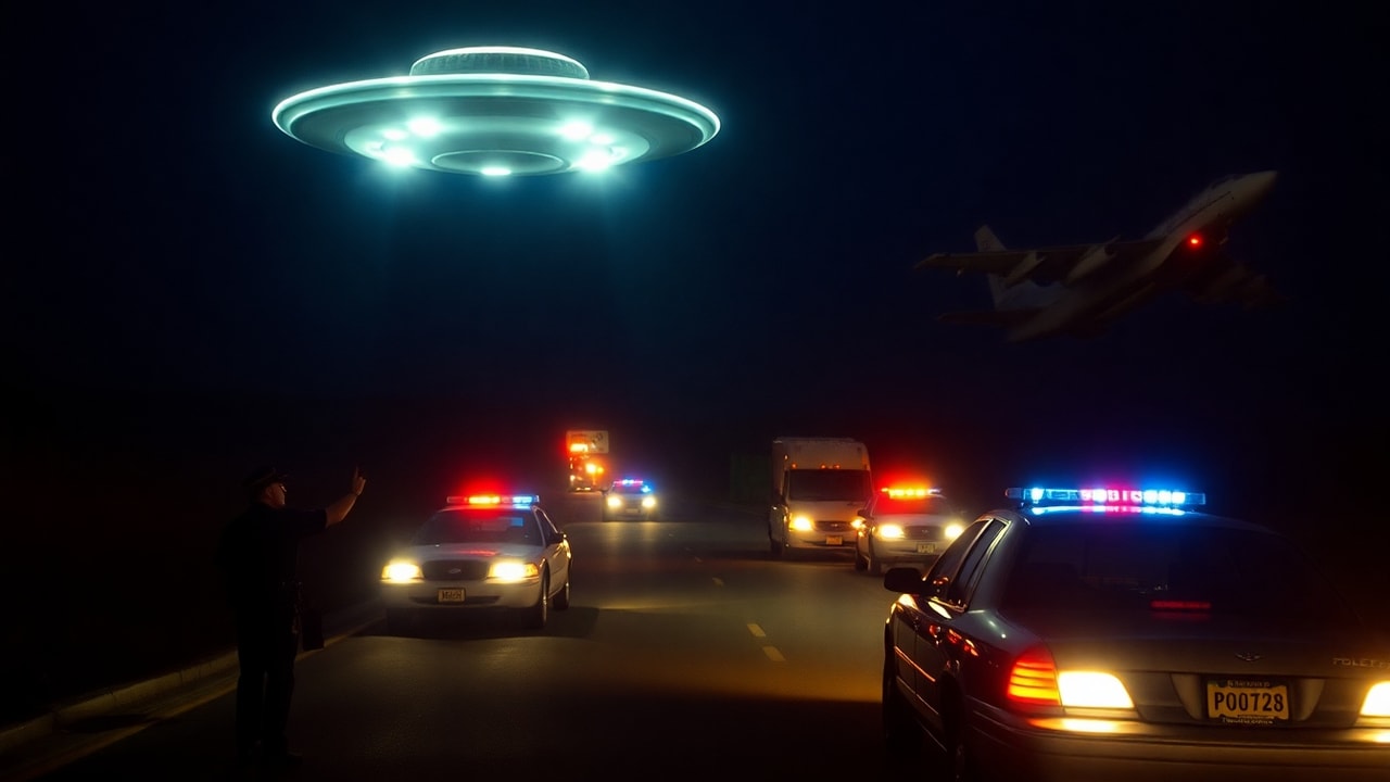 Cinematic archive imagery for Ohio Police UAP Chase — Multi-Jurisdiction Pursuit 1994 — intelligence record illustration