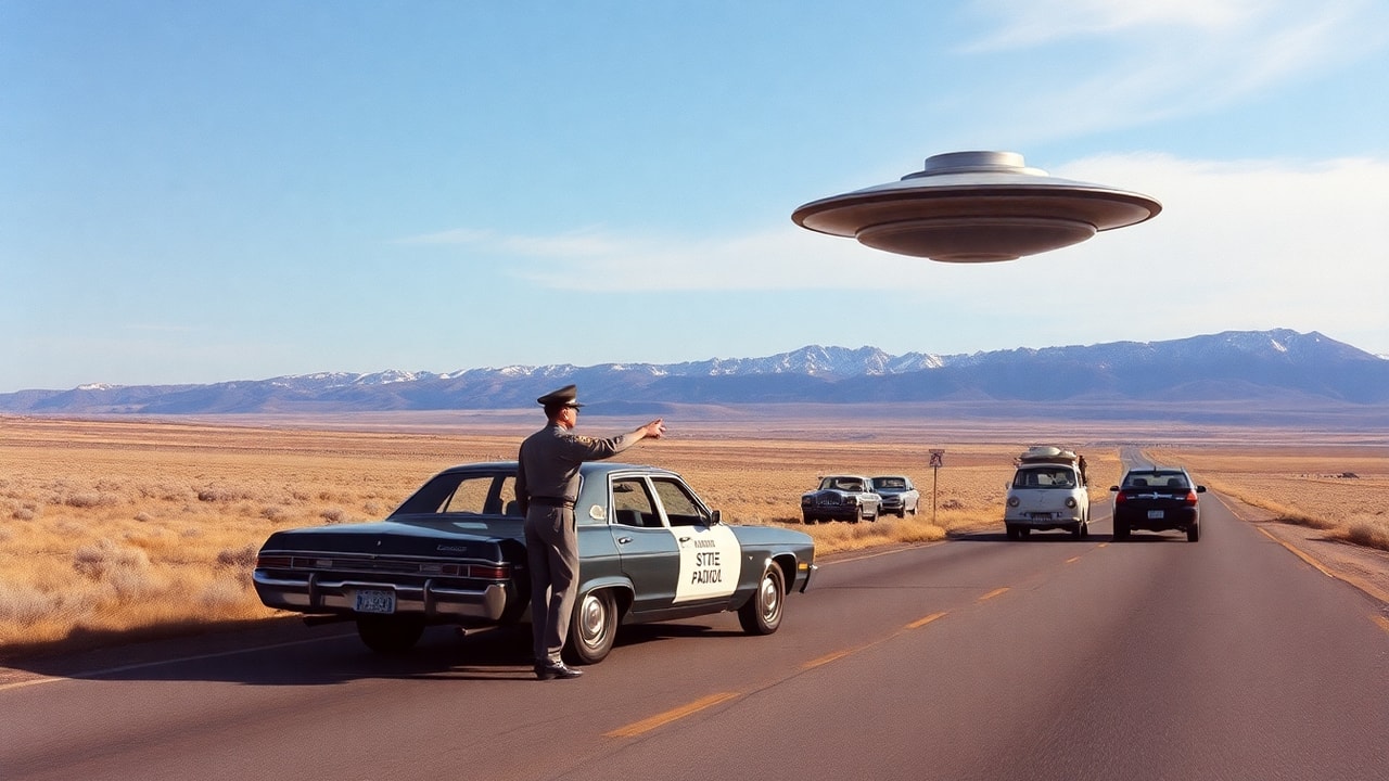 Cinematic archive imagery for Cody Wyoming — Police Officer Low Altitude Disc 1964 — intelligence record illustration