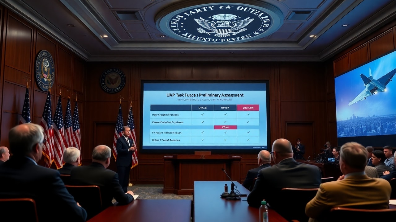 Cinematic archive imagery for UAPTF Report — Pentagon Acknowledges 143 Unexplained 2021 — intelligence record illustration