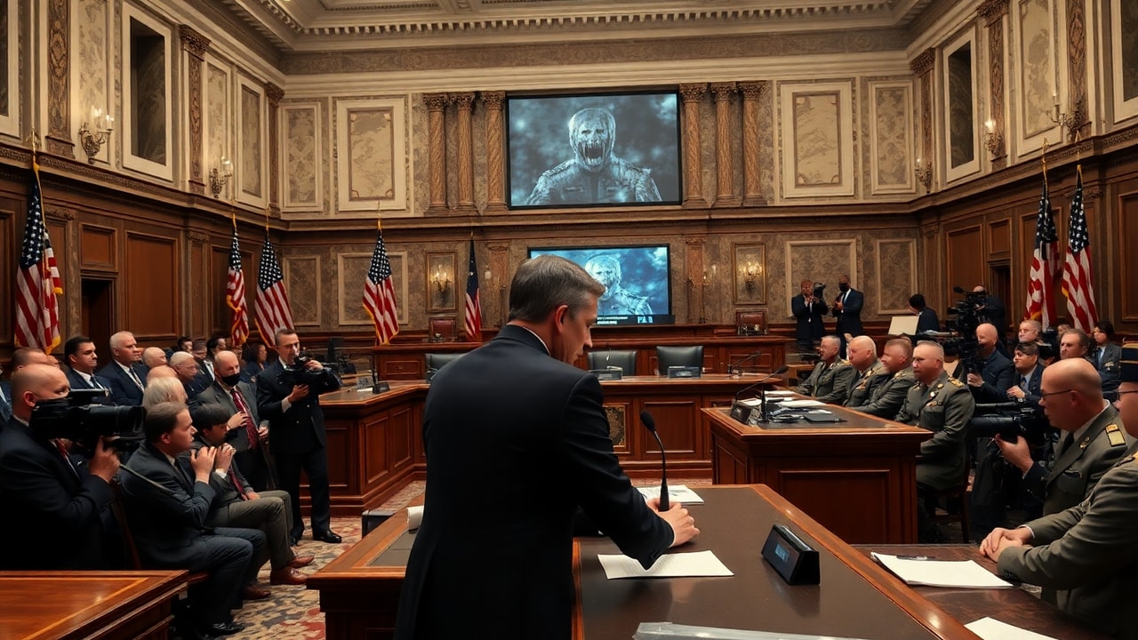 Cinematic archive imagery for US Congressional UAP Hearing — Grusch Testimony 2023 — intelligence record illustration