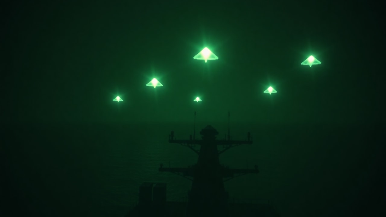Cinematic archive imagery for USS Russell — Pyramid UAP Night Vision — intelligence record illustration