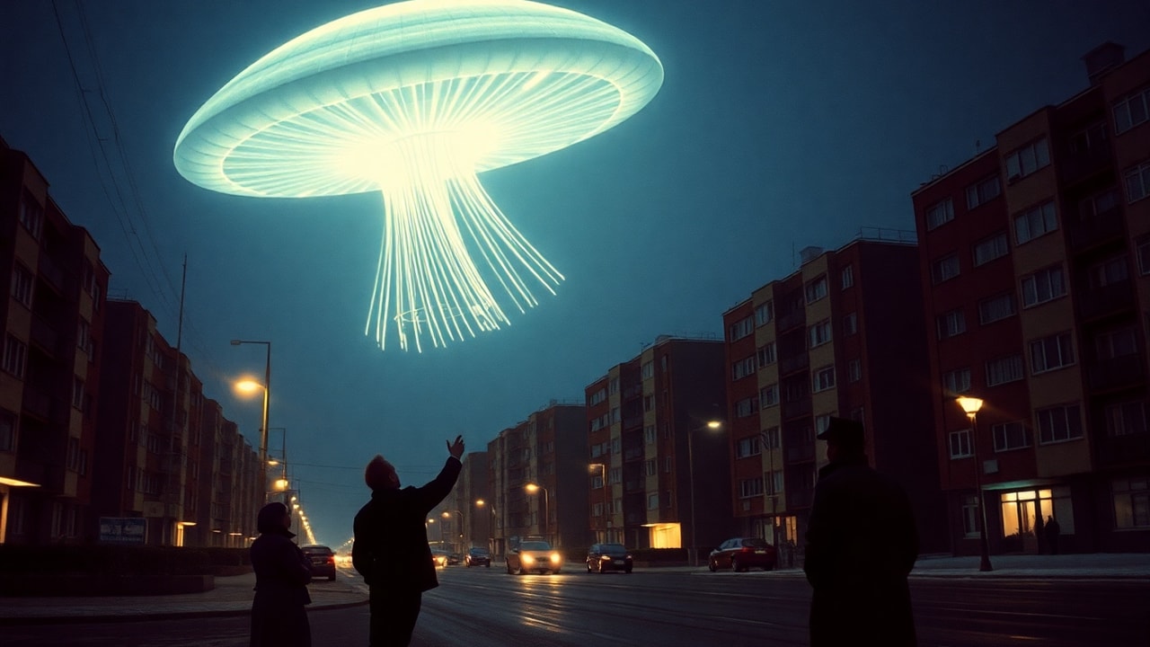 Cinematic archive imagery for Petrozavodsk Phenomenon — Soviet City Illuminated 1977 — intelligence record illustration
