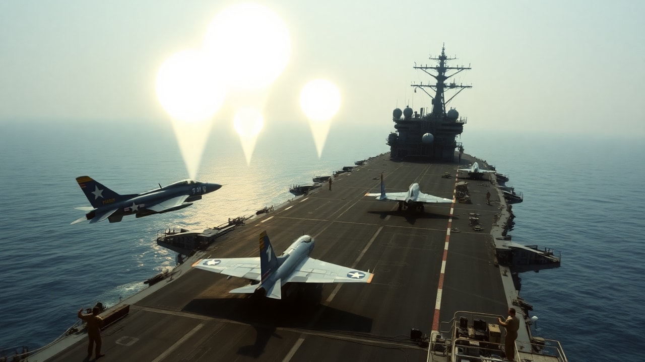 Cinematic archive imagery for USS Kitty Hawk South China Sea Encounter 1972 — intelligence record illustration