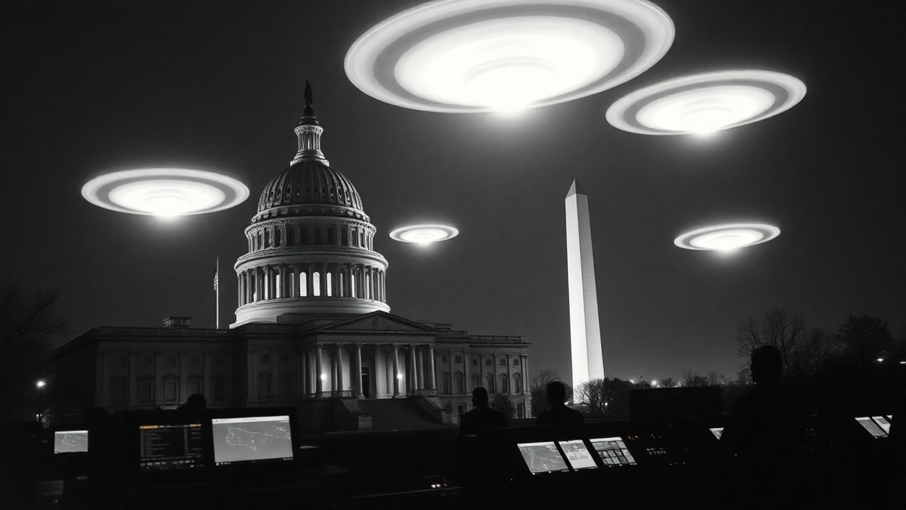 Cinematic archive imagery for Washington D.C. UFO Flap — Capitol Airspace — intelligence record illustration