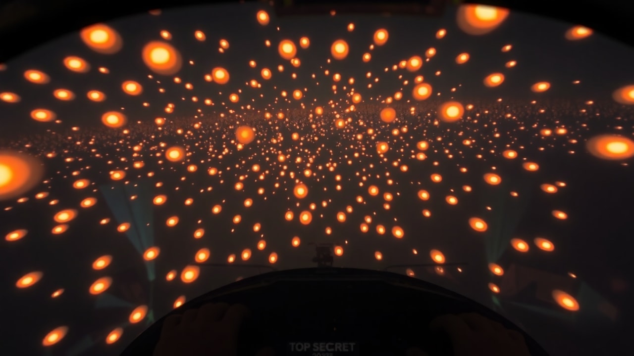 Cinematic archive imagery for Western US Test Range — Orange Orb Swarm, Military Helicopter — intelligence record illustration