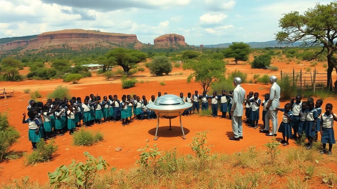Cinematic archive imagery for Zimbabwe Ariel School Encounter 1994 — intelligence record illustration